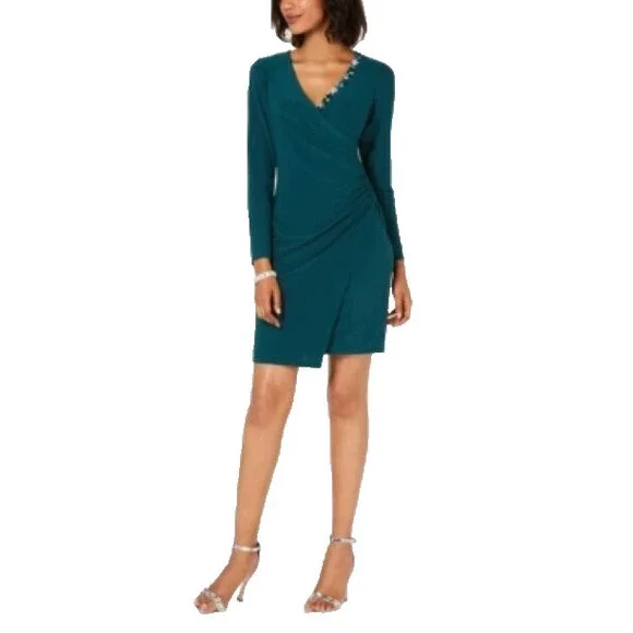 Msk Petite Embellished Faux-Wrap Dress - Green Ps Msk Petite Embellished Faux-Wrap Dress - Green Ps
